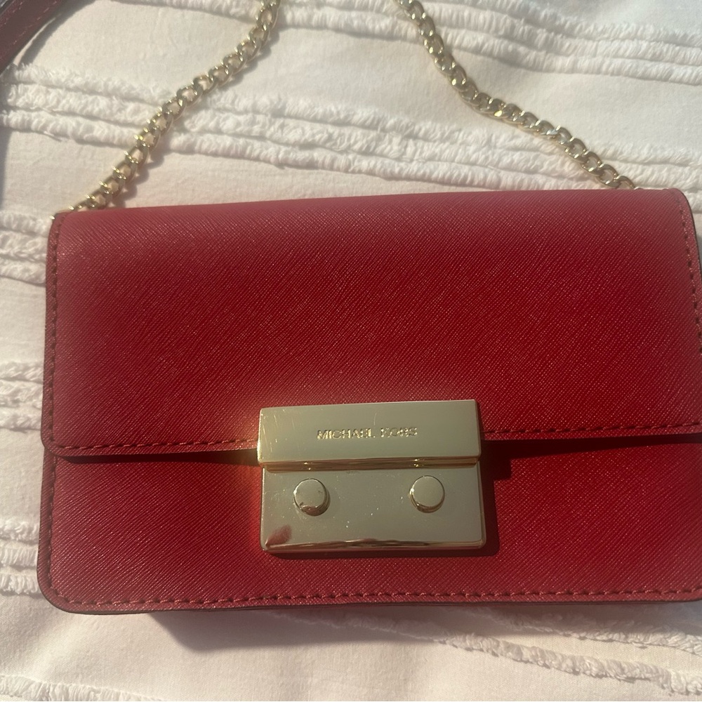 Michael Kors Red Crossbody Bag with Polished Leather and Gold Accents